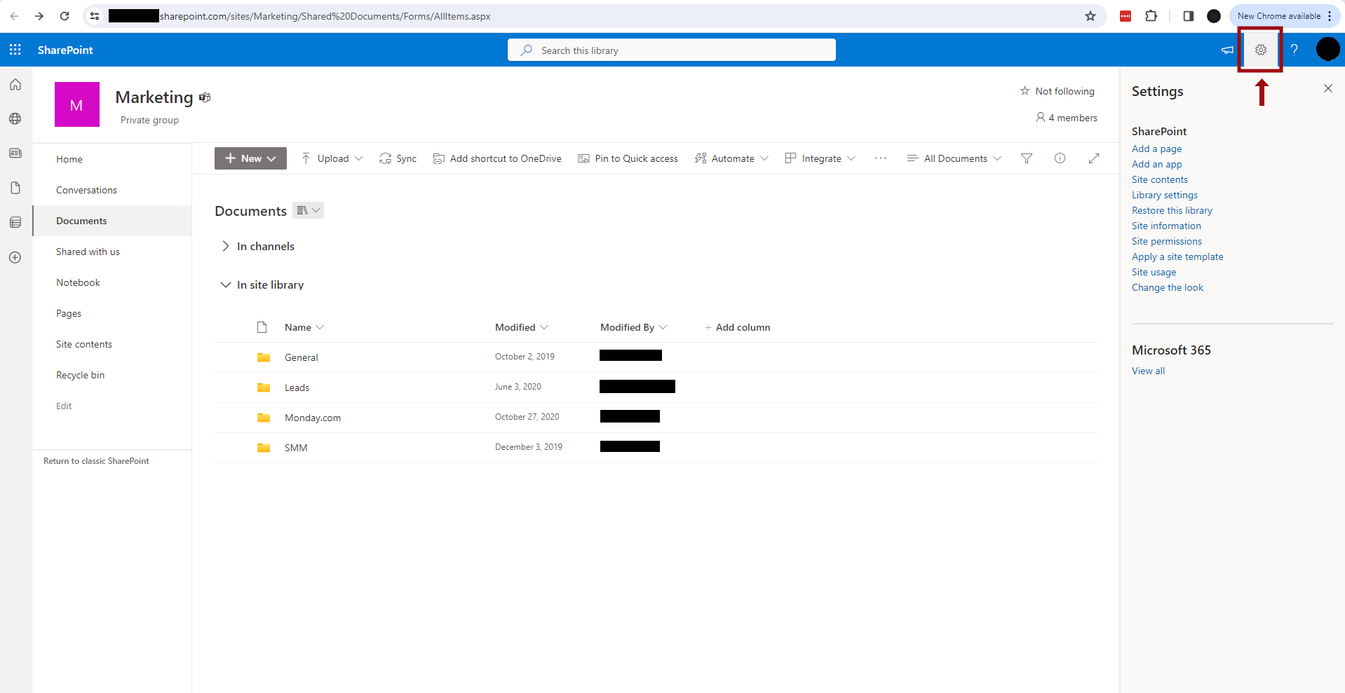 This screenshot shows a SharePoint document library settings menu. The "Settings" gear icon in the upper right corner is highlighted, and a settings sidebar is open, displaying options like "Site contents," "Site settings," "Library settings,"etc.
