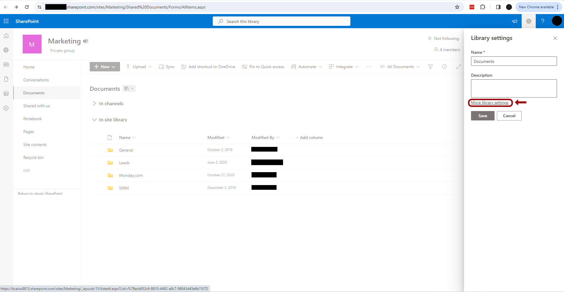 This screenshot depicts the SharePoint "Library settings" page. The settings page is open with various options for configuration, such as "Name and description" The option "More Library Settings," is highlighted.