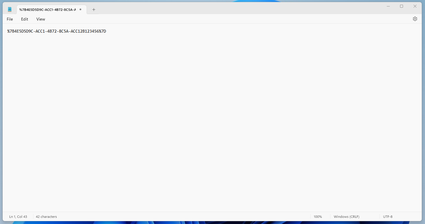 The image shows a text editor window with a single line of text displaying a SharePoint Library ID. The ID is in a standard GUID format, which appears to have been copied from a URL, as indicated by the preceding '%' character, suggesting URL encoding.