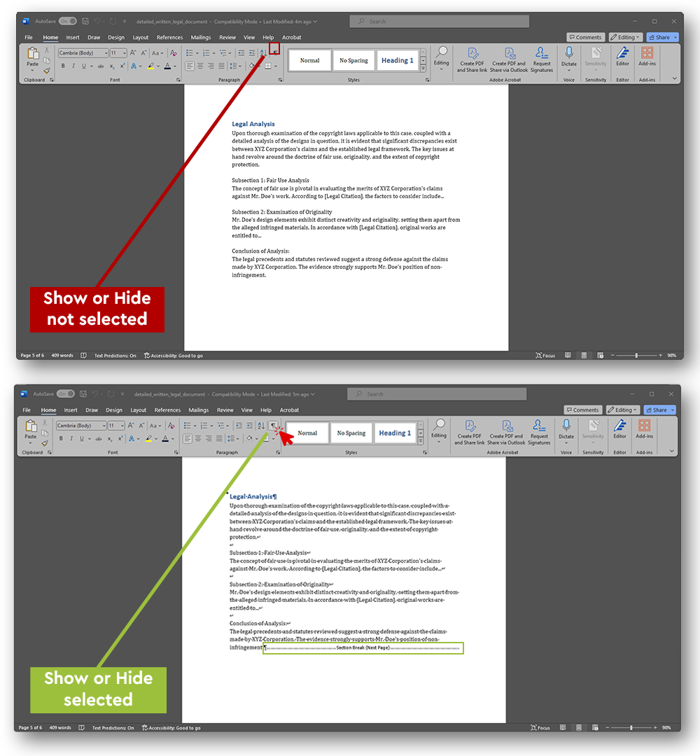 This image is a split-screen comparison of a Microsoft Word interface highlighting the 'Show/Hide ¶' function. The top half shows the function not selected, with paragraph marks and formatting symbols hidden in the document. The bottom half shows the function selected, revealing paragraph marks and other formatting symbols. A red arrow points to the 'Show/Hide ¶' button in the Word ribbon, contrasting the two states.