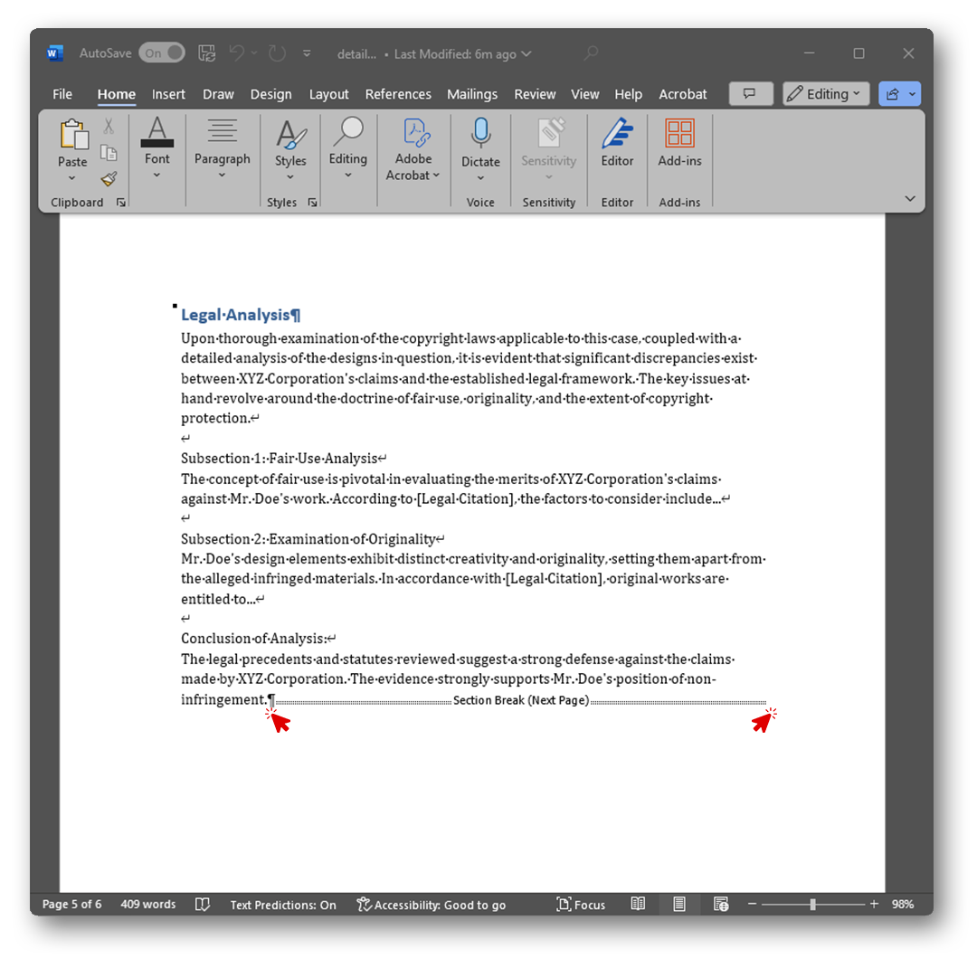 A screenshot of a Microsoft Word document displaying the 'Legal Analysis' section. There are two red cursor icons: one to the left and one to the right of the dotted line marking a 'Section Break (Next Page)'. The left cursor is pointing to the start of the section break, while the right cursor is pointing to the end of the section break. This indicates where to place the text cursor for editing.