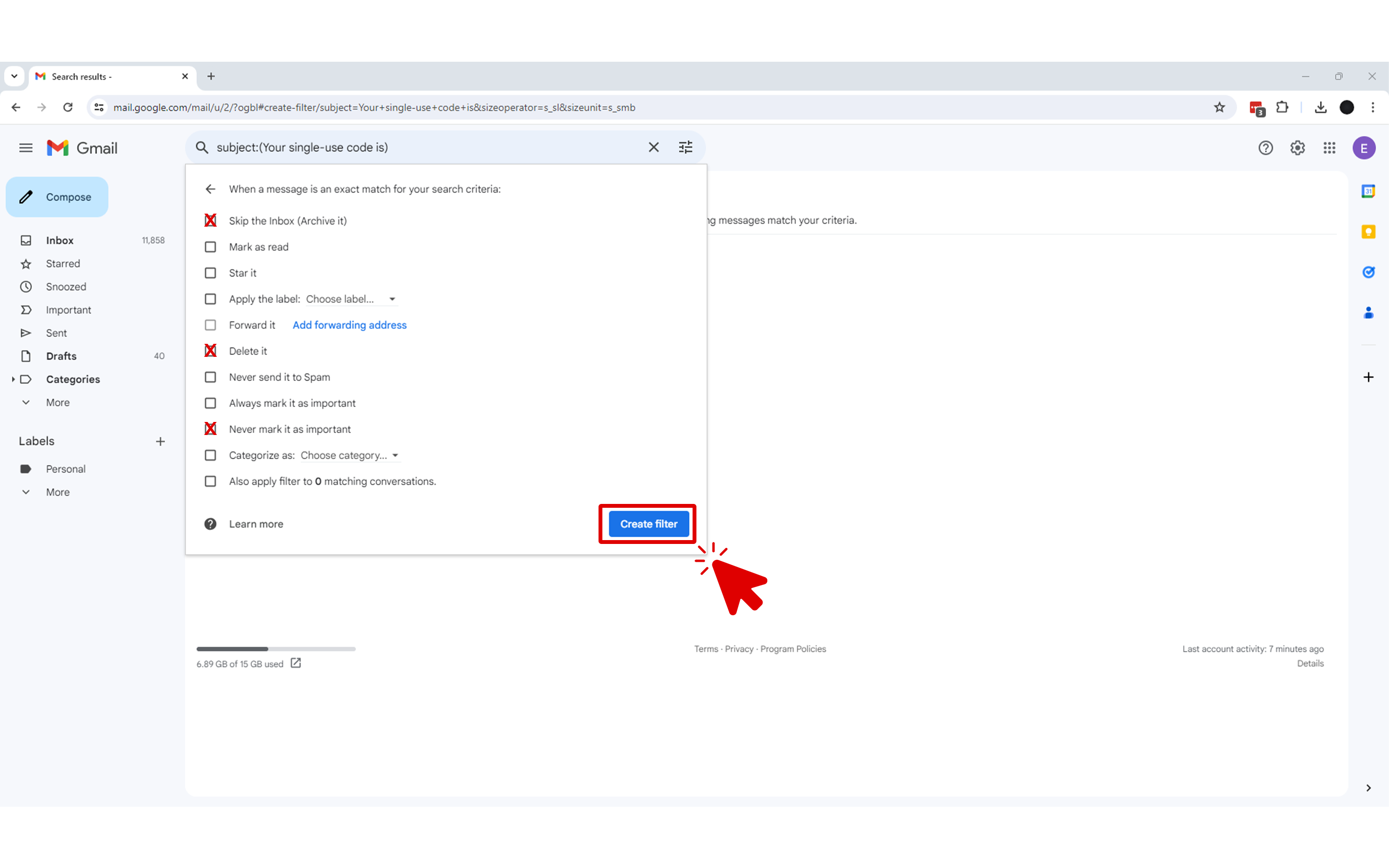 A screenshot within Gmail's filter creation interface showing various actions that can be applied to incoming emails that match specific filter criteria. A red arrow is pointing to the 'Create filter' button, indicating the final step in setting up a filter after choosing actions such as delete, mark as read, or apply a label.