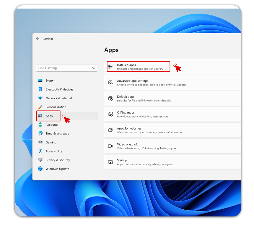 Windows Settings window open to the Apps category, with 'Installed apps' highlighted and an arrow pointing to it, indicating that it should be selected.
