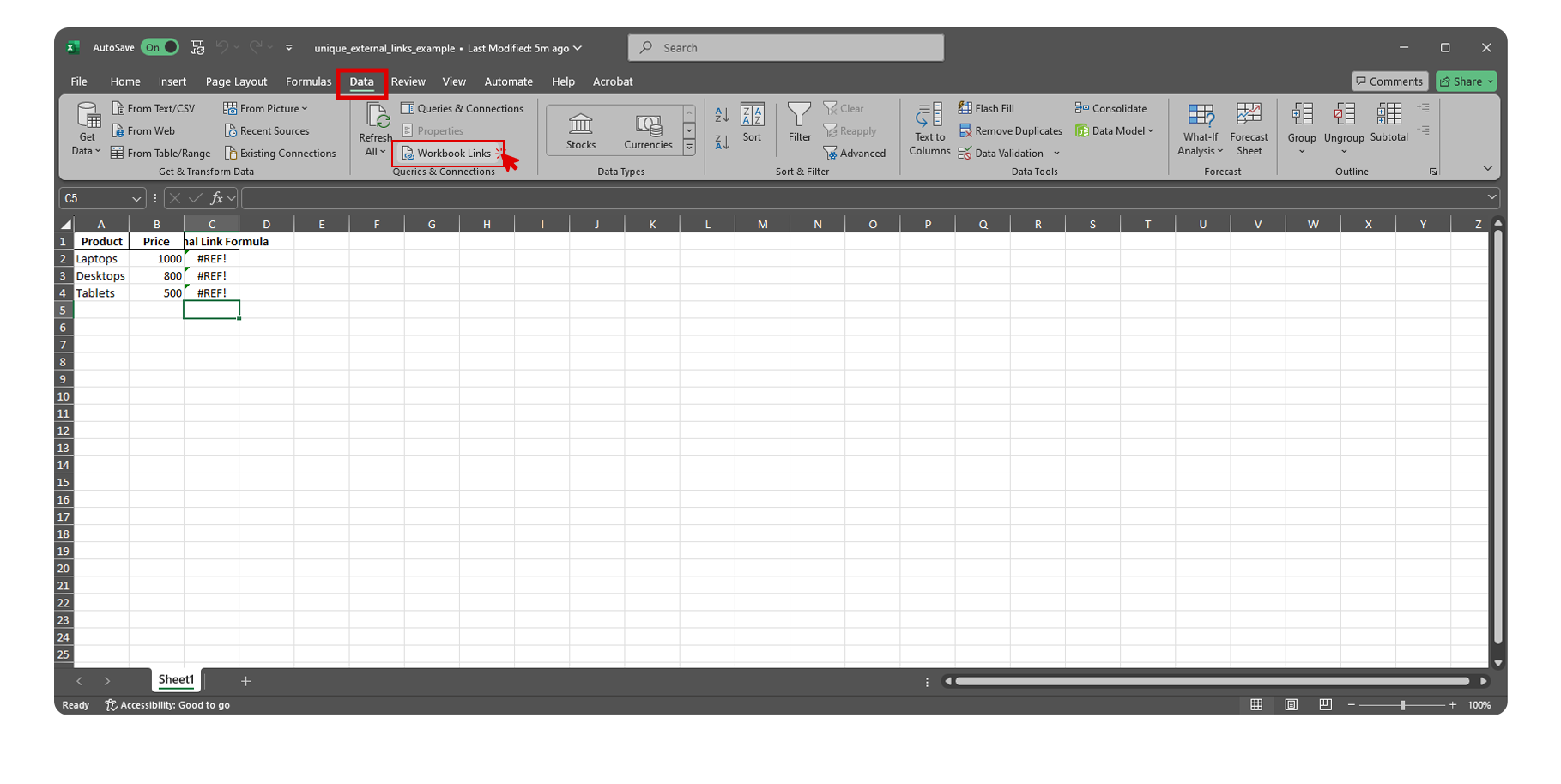This image shows an Excel sheet with three columns: "Product," "Price," and "Link Formula." There are #REF! errors in the "Link Formula" column. The "Data Validation" window is open with a Source field containing external file references. The "Data" tab is highlighted, and the "Data Validation" option is selected from the ribbon at the top.