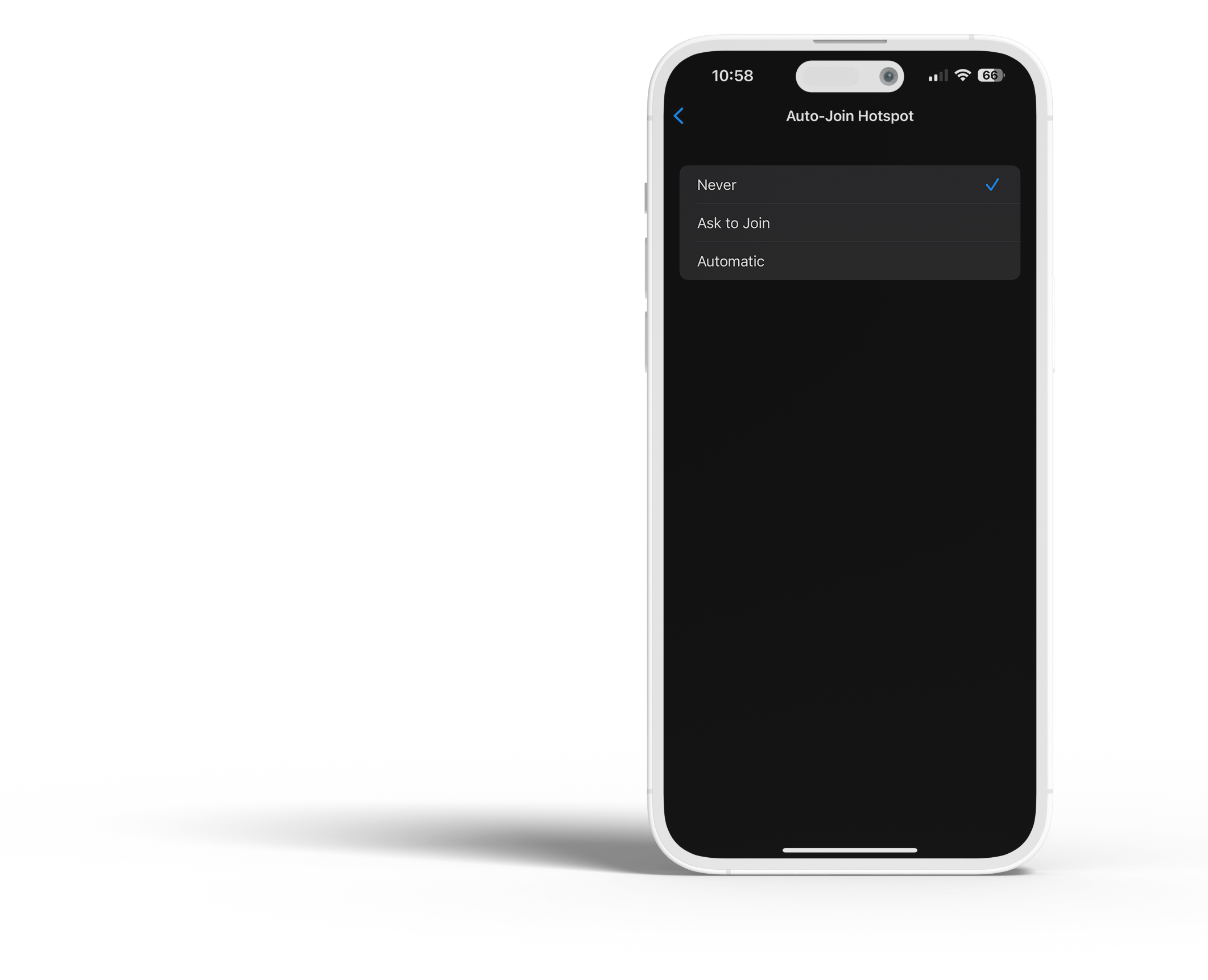 A mobile phone screen displaying the "Auto-Join Hotspot" settings menu, showing options to select "Never," "Ask to Join," or "Automatic." The "Never" option is selected, indicating a preference to avoid automatic connections to hotspots, enhancing security against unsecured networks.