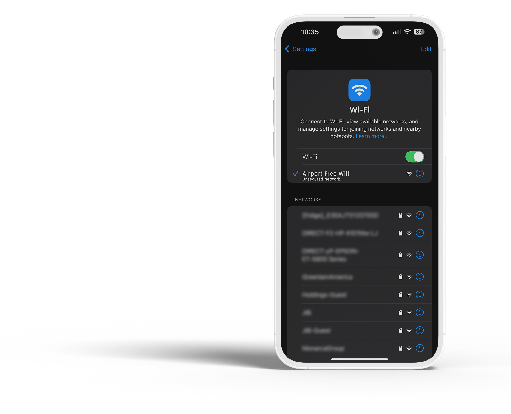 A mobile phone screen displaying Wi-Fi settings with an active connection to "Airport Free WiFi" labeled as an unsecured network. Other networks with padlock icons, indicating secure connections, are also visible in the list. This highlights how to identify unsecured networks on a device.
