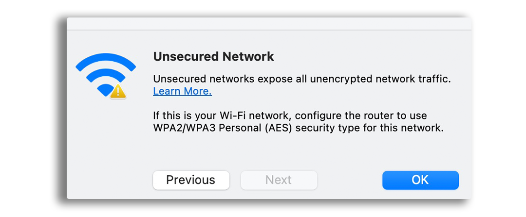 A notification warning about an unsecured network, stating that such networks expose all unencrypted network traffic. The message advises configuring the router to use WPA2/WPA3 Personal (AES) security for better protection, with options to proceed or acknowledge the warning.