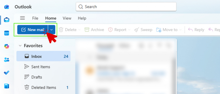 New Outlook interface showing the Inbox with the New mail button highlighted at the top left.