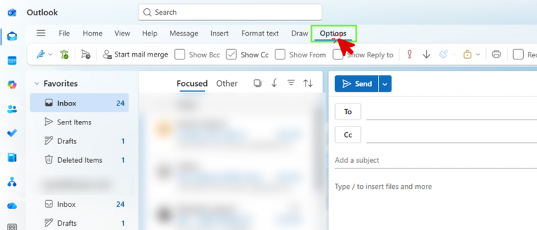 Outlook new message window with the Options tab highlighted in the top menu.