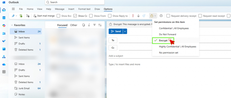 Outlook encryption menu open with Encrypt selected, showing options like Do Not Forward and Confidential labels.