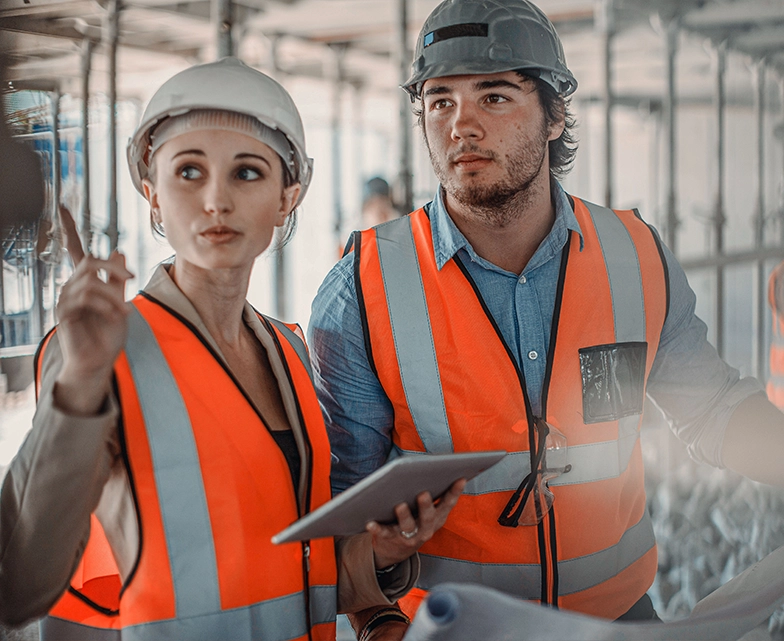 Construction site managers wearing safety vests and hard hats reviewing plans on a tablet inside a building under construction.