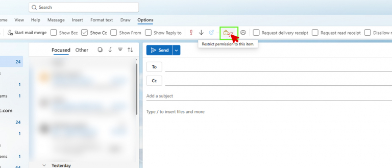 Outlook message Options ribbon showing the Encrypt lock icon highlighted.