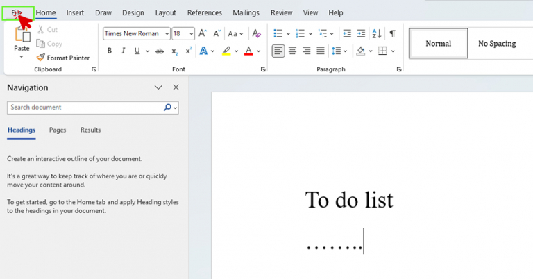Microsoft Word interface with the File tab highlighted in the top left corner.