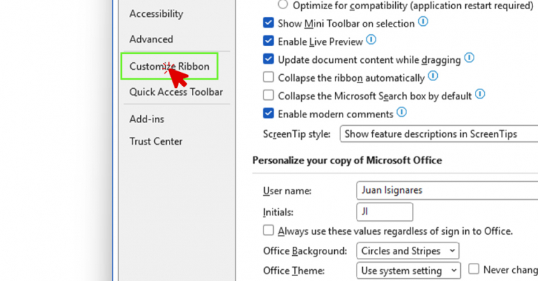Word Options window with Customize Ribbon selected in the left panel.