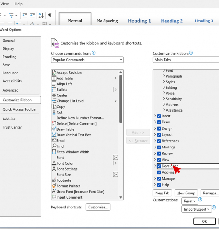 Word Options Customize Ribbon screen with the Developer checkbox selected under Main Tabs.