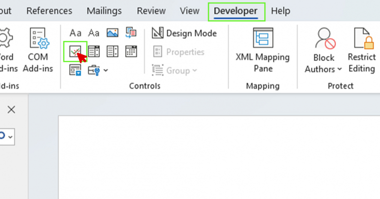 Word ribbon displaying the Developer tab with the Check Box Content Control icon highlighted.