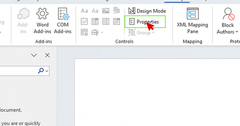 Developer tab in Word showing the Properties button highlighted in the Controls group.