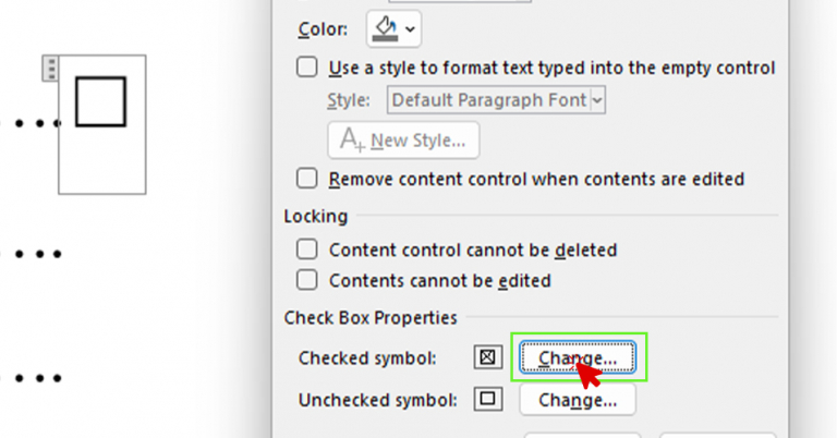 Check Box Properties window in Word with the Change button highlighted for modifying the checked symbol.