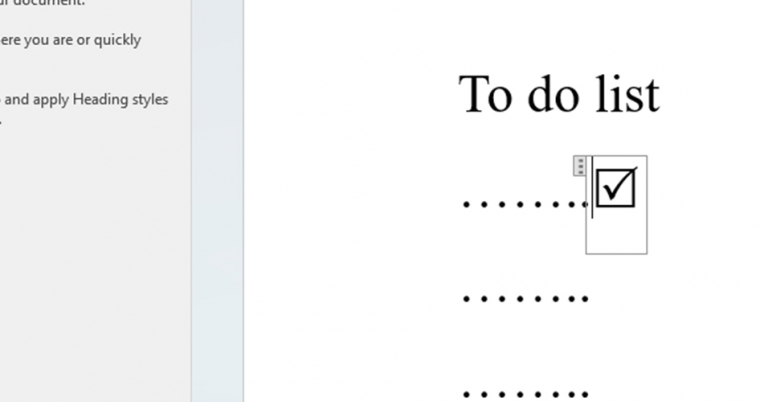 Word document showing a To do list with an inserted clickable checkbox selected next to a list item.