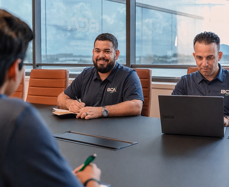 IT professionals meeting with a client to discuss technology strategy and business goals.