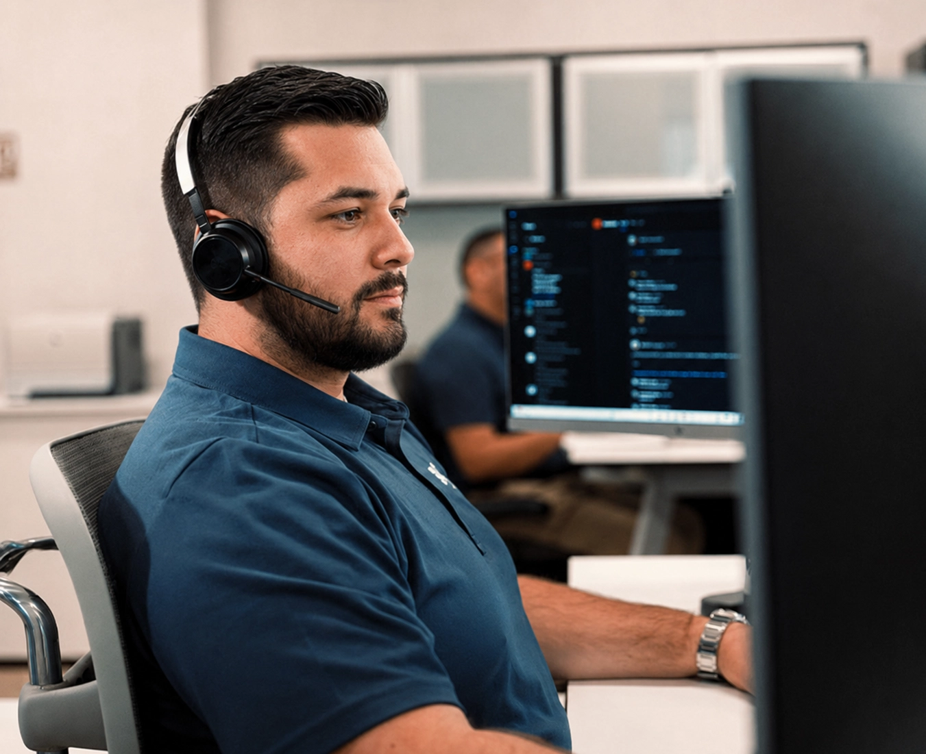 Dedicated IT support specialist assisting clients from a modern help desk.