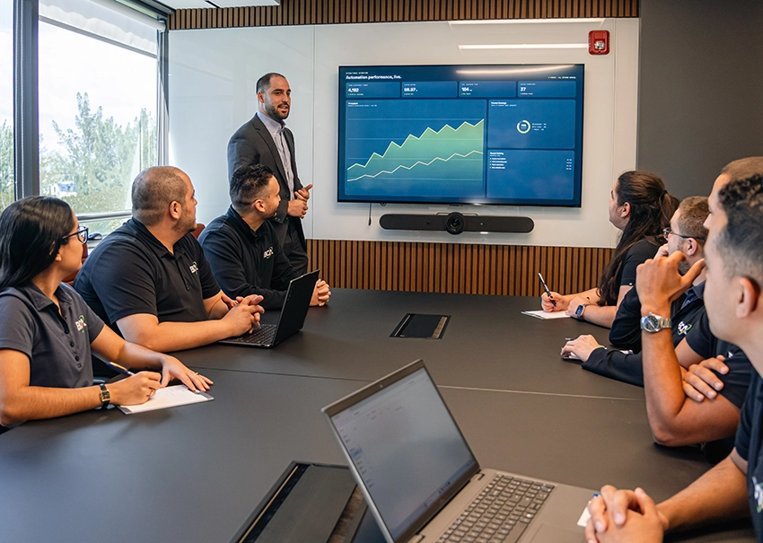 BCA IT team reviewing service performance data during a presentation.