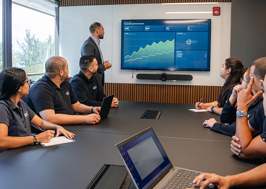 BCA IT team reviewing an upward-trending performance chart.
