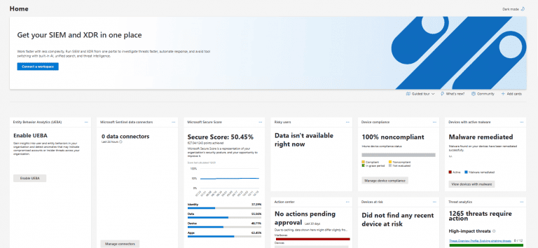 Microsoft security dashboard displaying threat analytics, device compliance, and security scores for the SentinelOne vs Microsoft Defender comparison.