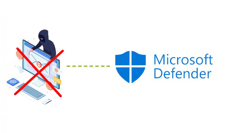 Microsoft Defender logo and shield illustration representing protection against cyberattacks and malware.