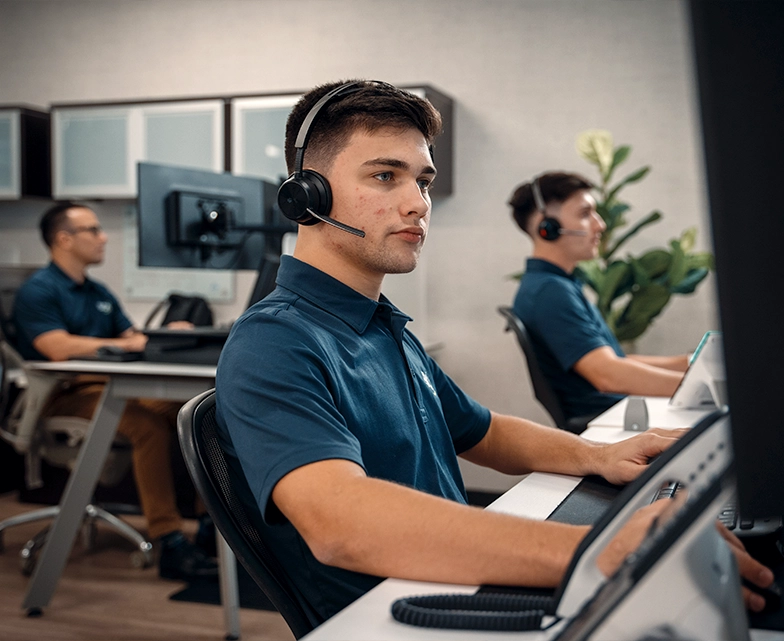 BCA IT support specialists wearing headsets and assisting clients from the office.